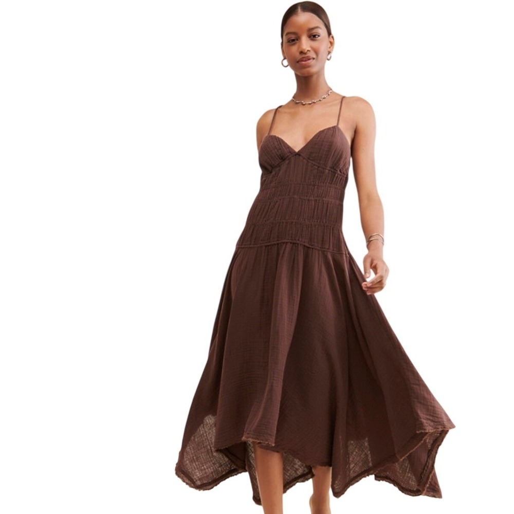 FREE PEOPLE Verbena Midi Dress Brown Boho Grunge Beach Maxi Large Granola Cotton